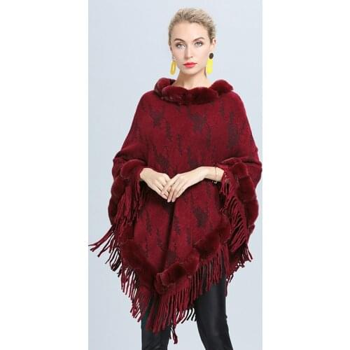 New arrival fashion winter womens knit comfortable shawl warm thick soft loose fur collar vintage elegant print tassel poncho