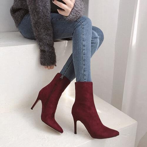 Fine-heeled pointed autumn-winter Single-boot sanded with velveted high-heeled short boots red boots women boots
