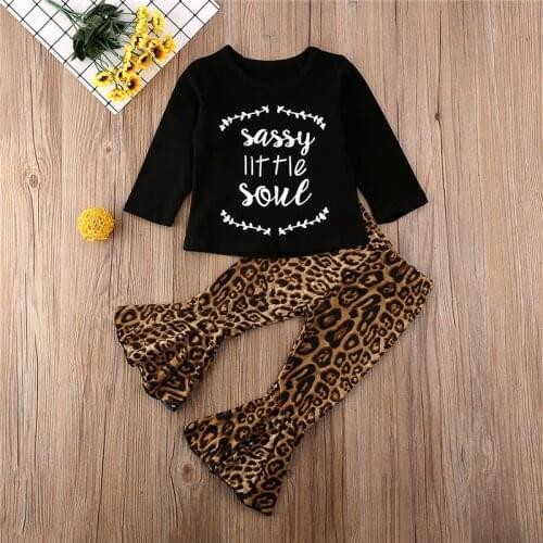 1-6Y Child Toddler Kids Girls Autumn Outfits Clothes Long Sleeve Letter T shirt Black Tops Leopard Flare Pants Clothes Sets