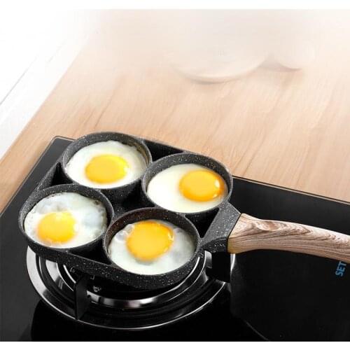 Durable Nonstick Frying Pan Four-hole Egg Cooker Saucepan Pot Meat Pie Skillet Wooden Handle Kitchen Cooking Breakfast Maker