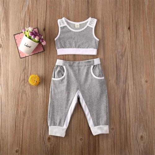 Pudcoco 1-5Y Summer Kids Baby Girls Clothes Sets Sleeveless Solid Vest Tops+Long Pants Grey Sports Causal Outfits