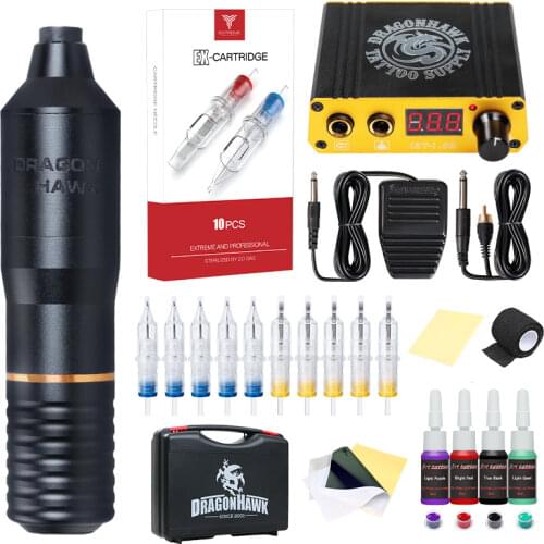 Dragonhawk Professional Tattoo Rotary Pen Machine Kit Tattoo Machine Set Mini Power LCD Tattoo Supplies