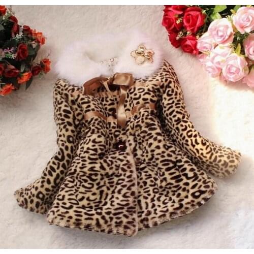 Retail Girls Leopard faux fox fur collar coat clothing with belt Autumn Winter wear Clothes baby Children outerwear dress jacket