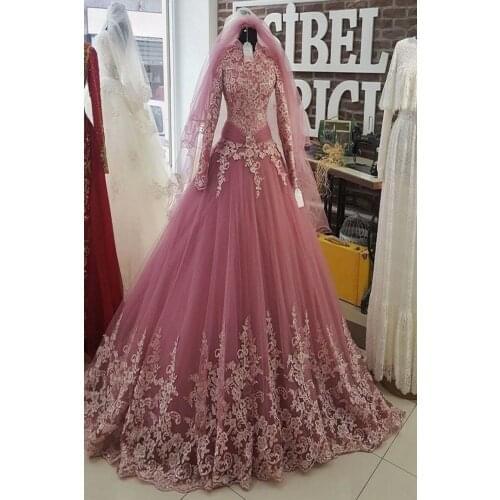Blush Pink Turkish Muslim Wedding Dresses Islamic High Neck Long Sleeves Appliques Tulle Arabic Bridal Gowns 2019 Plus Size