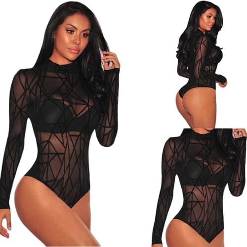 Mesh Black Bodysuit 2019 Summer New Mid Waist Sexy Bodysuit Long Sleeve Stretchy Transparent Bodysuit Women Clothing D190728