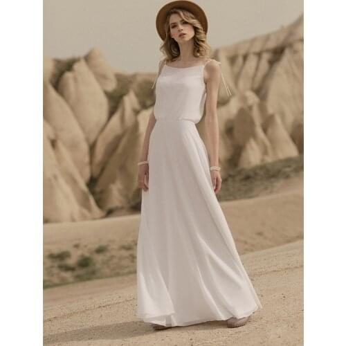 A Line Beach Chiffon Wedding Bride Gowns Scoop Neck Soft Simple Spaghetti Straps Pearls Zipper Closure Maxi Long Bridal Dress