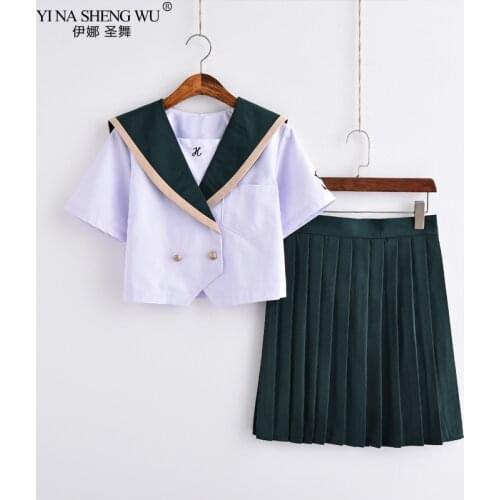 Japanese School Uniforms Collage Student Green Navy Sailor Party Cosplay Costume Short Sleeve JK Suit School Girls Pleated Skirt