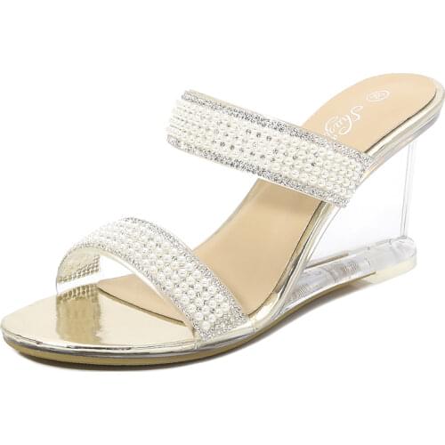 New Slippers Women Wedges Crystal String Bead Bling Slides PVC Transparent Open Toe Sandals Flip Flops Women Shoes Plus Size 43