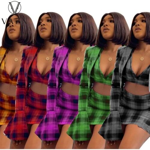 VAZN 2021 Spring Special Plaid Print Long Sleeve Short Pant Sexy Young High Waist Skinny Women 3 Piece Set