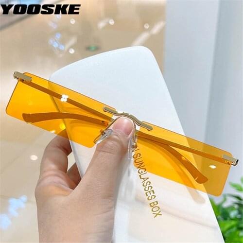 YOOSKE Vintage Metal Rimless Sunglasses Women Men Fashion Design Square Sun Glasses Male Female Classic Yellow Mirror Goggles