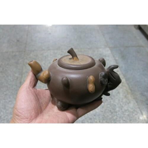 Old Chinese Handcraft Enameled YiXing Zi Sha Clay (red stoneware) Teapot,Mushroom & water chestnut,with mark,Free shipping