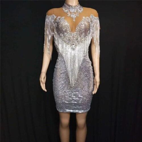 T94 Ballroom dance stage costumes women perform rhinestones tassel dress crystal skirt singer party wear outfit skinny clothe dj