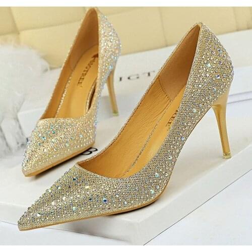 BIGTREE Shoes Rhinestone High Heels Fashion Wedding Shoes Woman Pumps Stiletto Gold Women Heels Sexy Party Shoes Ladies Shoes