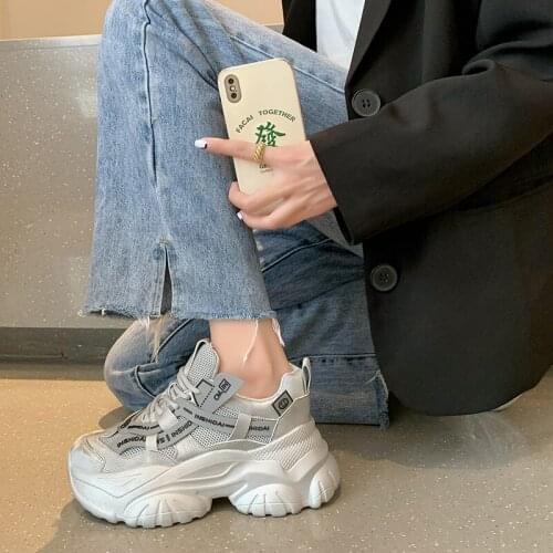 Super Thick Platform 2021 Womens Shoes Spring Autumn Sports Running Lace-up Air Mesh Solid Medium Heel Sneakers