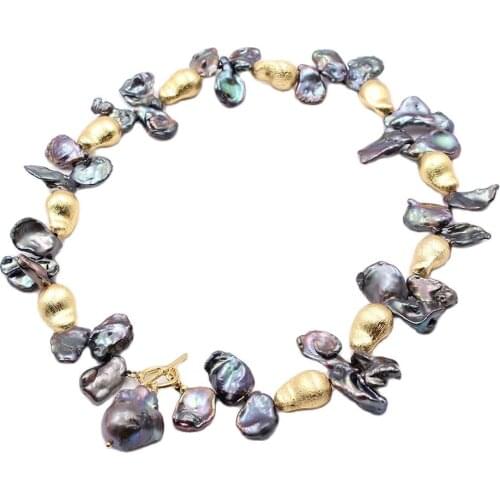 GG Jewelry18'' Natural Black Keshi Pearl Gold Color Plated Electroplate Beads Necklace Baruque Pearl Pendant For Women Lady Gift