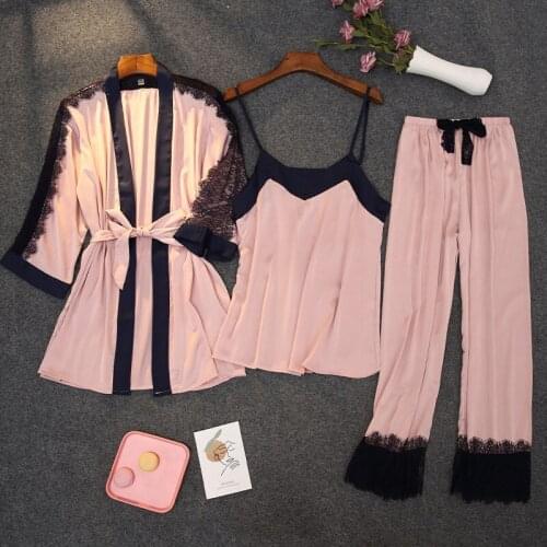 Women Velvet Lace Splicing 3Pcs Sleepwear Set Autumn Pajama Suit Sexy Lace Nightwear Bride Wedding Robe Intimate Lingerie