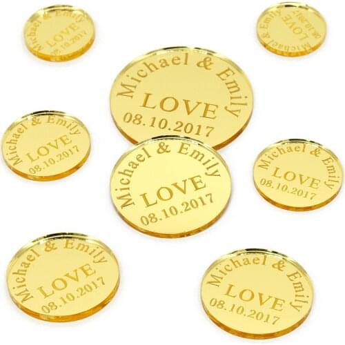 60x Personalized Wedding Custom Gold Mirror Circular Decoration Engraved Couple Names LOVE Round Party Table Centerpieces Favors