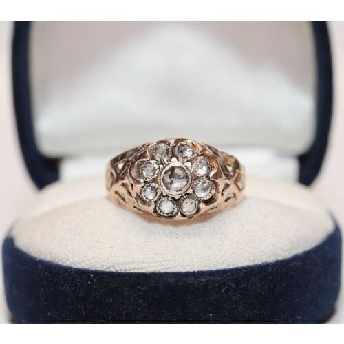 ANTIQUE ORIGINAL OTTOMAN 10K GOLD NATURAL ROSE CUT DIAMOND DECORATED RING