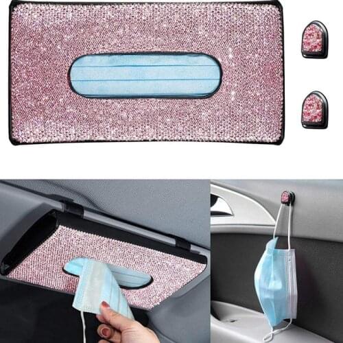 Car Tissue Boxes Sun Visor Tissue Box Holder Crystal Sparkling Napkin Holder PU Leather Back Seat Tissue Box Womens Auto Parts