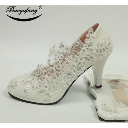 BaoYaFang White Flower Women Wedding shoes woman High heel platform shoes Thin Heel Round Toe Ladies party shoes big size