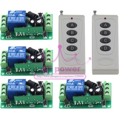 Free Shipping 1 Channel AC DC 12V RF Wireless Remote Control Switch 4Receiver +2Transmitter 315/433 MHz Learning Code