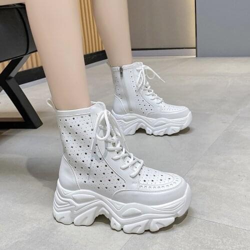 Autumn Leather Ankle Boots Women Sexy Hollow 7CM High Heels Round Toe Breathable Platform Sneaker Thick Bottom White Wedge Boots