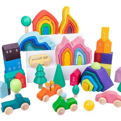 Baby Wooden Toys Elemental Rainbow Stacking Blocks Tree Building Blocks Car Stone Volcano Coral Sea Wave Montessori Toy For Gift