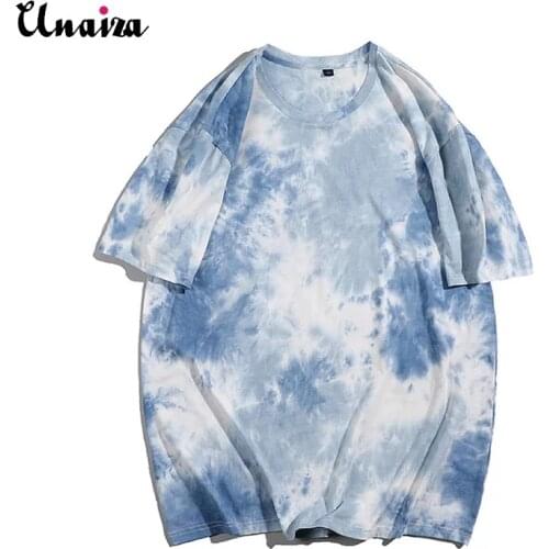 Unaiza 2021 Women Casual T-shirt Tie-dye Short-Sleeved T-shirt Women Summer Loose Top Turtleneck Short Sleeve Round Neck T-shirt