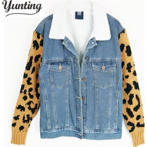 Korean Winter Fashion Women Leopard knitting Splicing Sleeve Denim Jacket Thick Cotton-Padded Coat