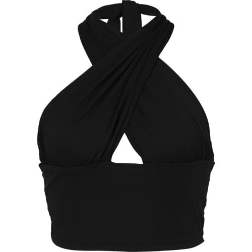 Summer Women Polyester Solid Color Ruched Crop Tank Tops Sexy Sleeveless Criss Cross Halter Neck Plain Camisole