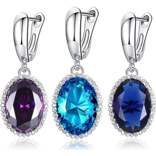 MIQIAO Silver Plated Luxury Color Oval Stone Vintage Boho Stud Hook Drop Earrings for Women Wedding Couple Friends Gift Jewelry