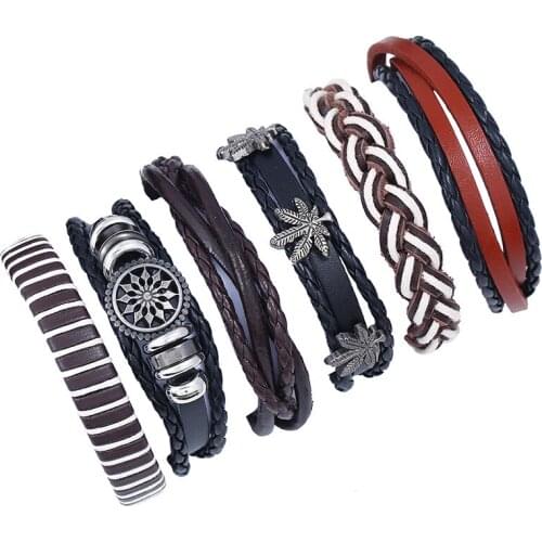 Punk Fashion Ethnic Boho Multilayer Leather Bracelet Maple Leaf Beads Charm Braided Weave Bangle Wristbands Vintage Jewelry Gift