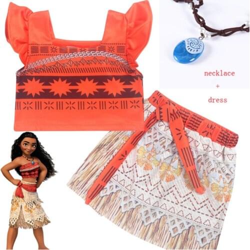 3-10 Years old New Summer Moana Vaiana Dresses Girls Cartoon Dress with Necklace Cosplay Costumes Girl Beach Clothes 9012