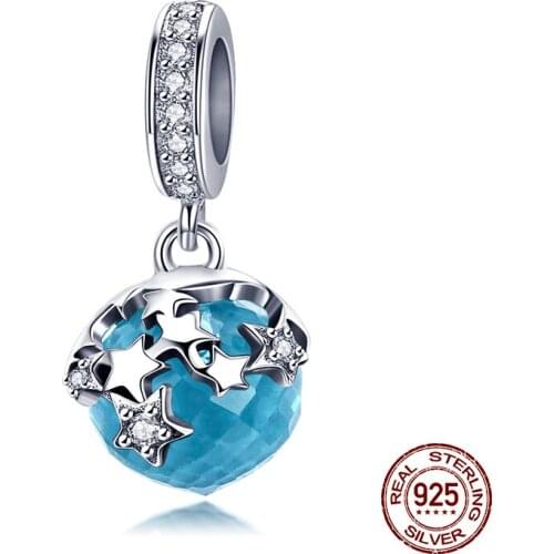 Genuine 925 sterling silver blue glass crystal pendant fit original Pandora bracelet & necklace beads making woman gift jewelry