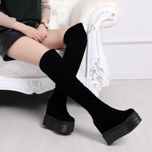 Thin leg sexy knee high boots 12cm high heel boots womens inside high slope high heel high thick soled boots Korean version