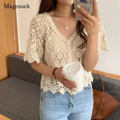 2021 Chic Women Summer Short Sleeve Shirt Cotton Solid Hollow Out Lace Tops for Women Sweet Embroidery Women Blouse Blusa 14461