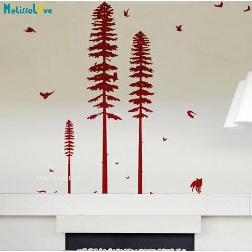 Three Mountain Pine Trees Wall Sticker Vinyl Décor with Owls Flying or Seated and Other Birds Standing Fox Murals YT5718