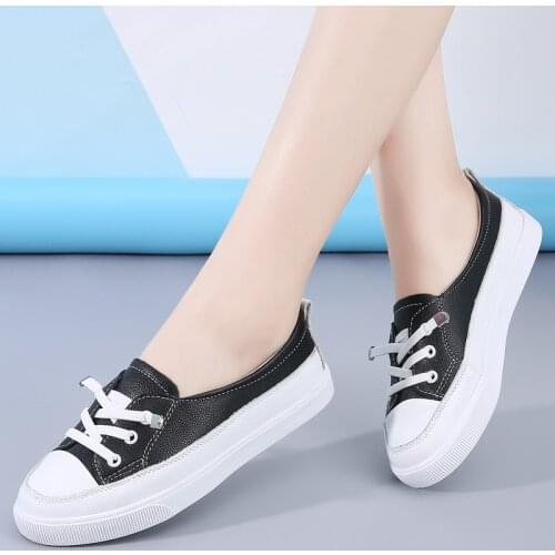 Spring Autumn Womens Casual Shoes Genuine Leather Woman Flat Loafers Lace Up Female Sneakers Shallow Soft Ladies Walking Shoe