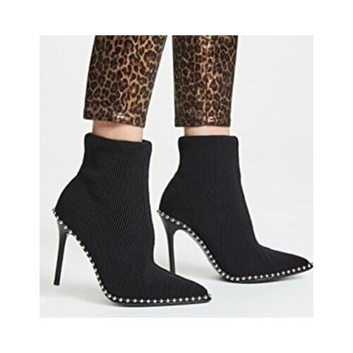 2020 Spring New Socks Boots Women Stretch Fabric Pointed Toe Ankle Boots High Heels Zip Rivet High Boots Sexy Pumps Women Shoes