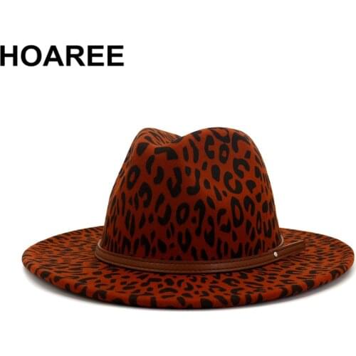 HOAREE Red Leopard Wool Jazz Fedora Hats Casual Women Leather Belt Felt Hat Ladies Panama Trilby Female Party Cap Sombrero