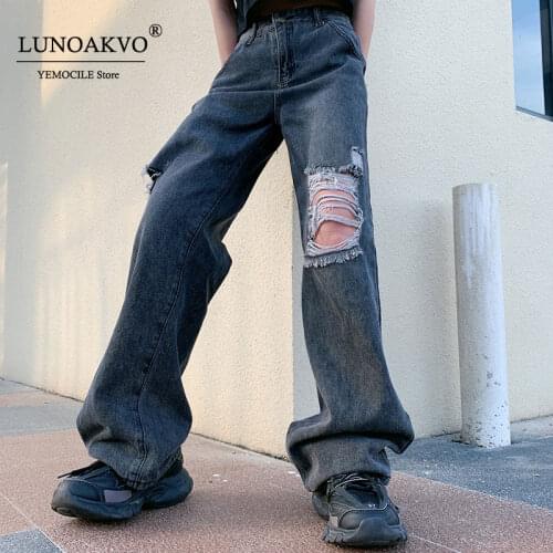 Women Jeans Hole High-waisted Blue Straight Trousers Y2k 90s Casual Ripped Jeans 2021 New Fall Female Baggy Wide Leg Pants