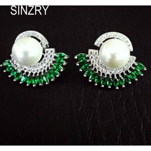 SINZRY unique design clear white cut cubic zircon simulated pearl fan shape elegant stud earrings for women
