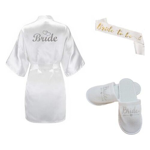 3pc set of glitter gold bride satin short bride robe slippers bridal sash peignoir women Bridal Party 2019 kimono robe