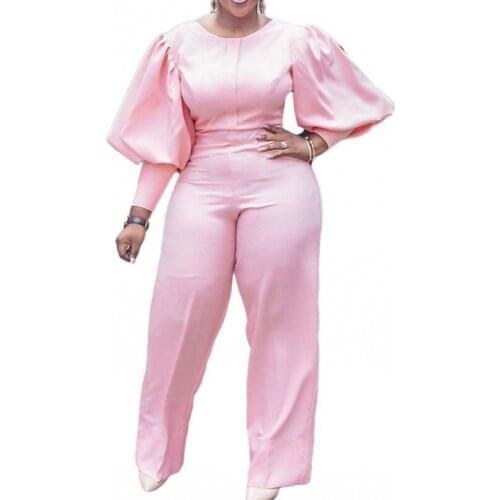 Jumpsuit African Clothes Women Lantern Sleeve Wide Leg Pants Rompers 2021 New Fashion Solid Elegant African Office Lady Jumpsuit