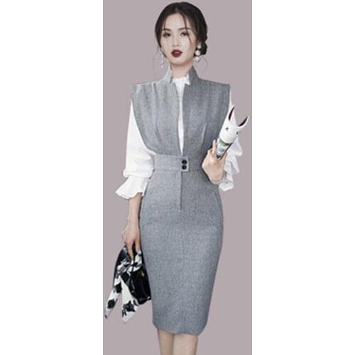 ZAWFL Women 2 Piece Set Dress New 2021 Summer White Ruffles Blouse Top + Gray/Black Sleeveless Notched Collar Pencil Dress Set