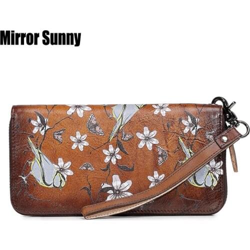 Retro Wristband Wallet For Women Flower Bird Head Cowhide Genuine Leather Female Zipper Purse Long Clutch Wallets Mobile Bag