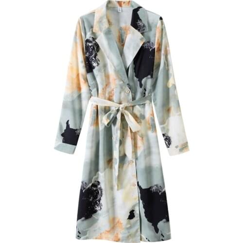 PERHAPS U Women Elegant Stain Print Turn Down Collar Belt Long Sleeve Double Breasted Suit Dress Slim Knee Length Dress D3085