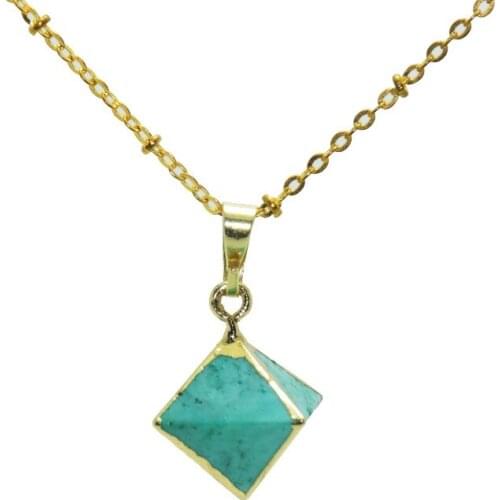 Natural Stone Pyramid Pendant Necklace Girl Rhombus 1pc Gold bezel Jewelry 4 face Green Turquoises chain necklace for women 2019