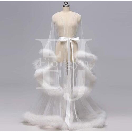 White Sexy See Through Tulle Bridal Robes with Fur Edge A-Line Bohemian Maternity Dresses Party Gowns for Babyshower Photography