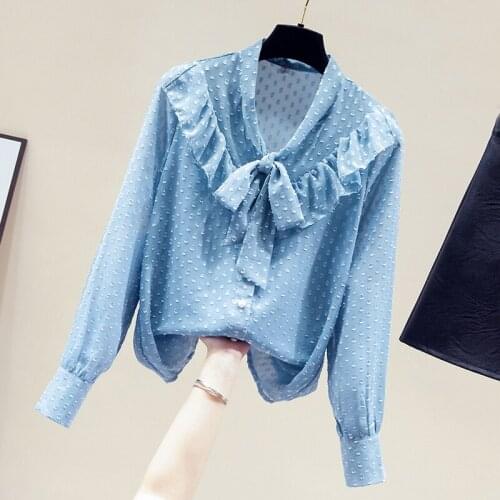 Blouse Women Long Sleeve Ruffles V-Neck Blue Chiffon Blouse Shirt Blusa Tops Women Blusas Mujer De Moda 2021 Women Clothing D925